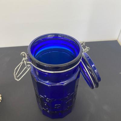 Vintage Rooster Salt and Pepper Shakers and Cobalt Blue Pasta Jar
