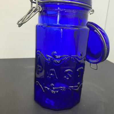 Vintage Rooster Salt and Pepper Shakers and Cobalt Blue Pasta Jar
