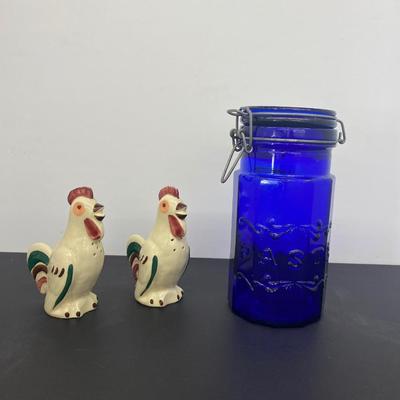 Vintage Rooster Salt and Pepper Shakers and Cobalt Blue Pasta Jar