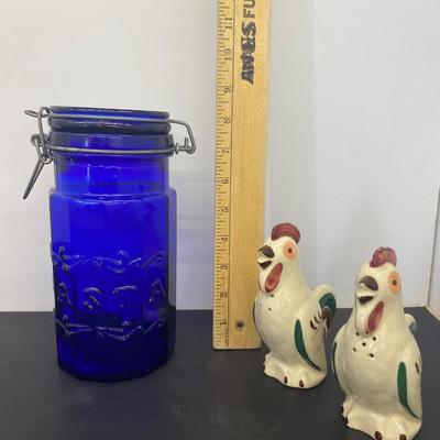Vintage Rooster Salt and Pepper Shakers and Cobalt Blue Pasta Jar
