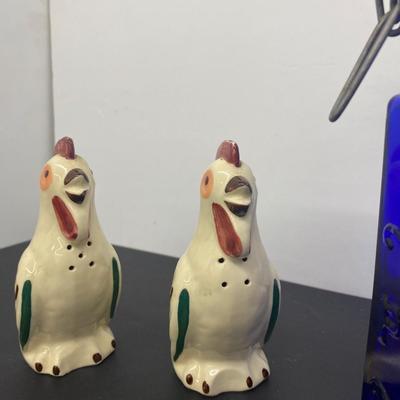 Vintage Rooster Salt and Pepper Shakers and Cobalt Blue Pasta Jar