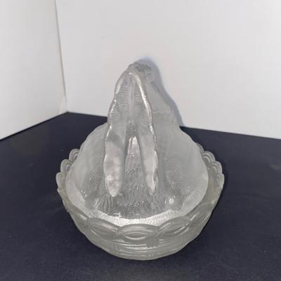 Clear glass Nesting Hen Covered Dish and 1950s Chinese Chicken Figurines