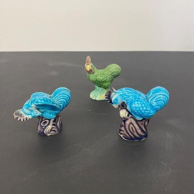 Clear glass Nesting Hen Covered Dish and 1950s Chinese Chicken Figurines