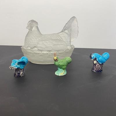 Clear glass Nesting Hen Covered Dish and 1950s Chinese Chicken Figurines