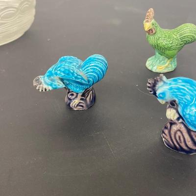 Clear glass Nesting Hen Covered Dish and 1950s Chinese Chicken Figurines