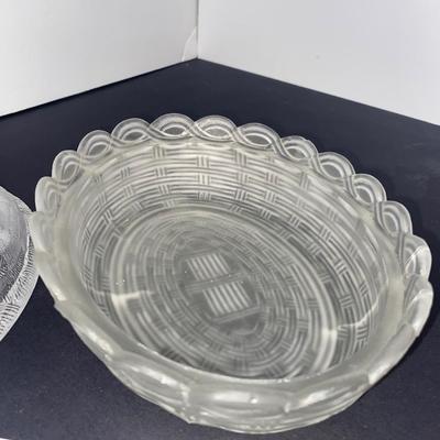 Clear glass Nesting Hen Covered Dish and 1950s Chinese Chicken Figurines