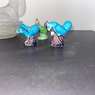 Clear glass Nesting Hen Covered Dish and 1950s Chinese Chicken Figurines