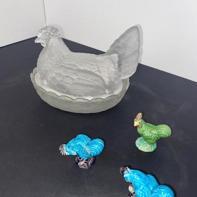 Clear glass Nesting Hen Covered Dish and 1950s Chinese Chicken Figurines