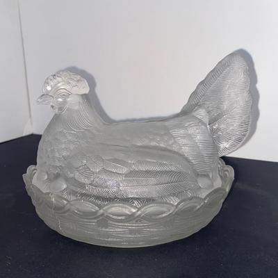 Clear glass Nesting Hen Covered Dish and 1950s Chinese Chicken Figurines