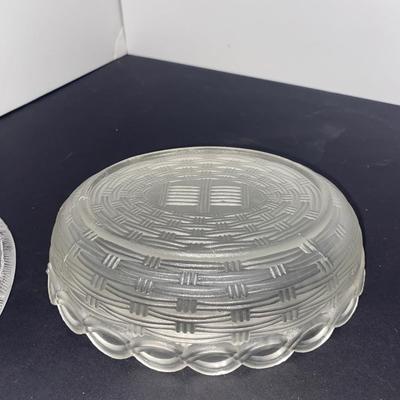 Clear glass Nesting Hen Covered Dish and 1950s Chinese Chicken Figurines