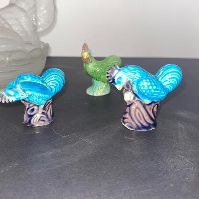 Clear glass Nesting Hen Covered Dish and 1950s Chinese Chicken Figurines