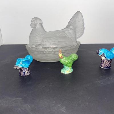 Clear glass Nesting Hen Covered Dish and 1950s Chinese Chicken Figurines