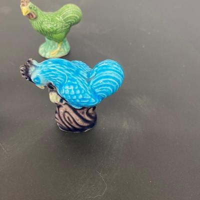 Clear glass Nesting Hen Covered Dish and 1950s Chinese Chicken Figurines
