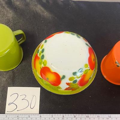 Galvanized Metal Bowl and Cups