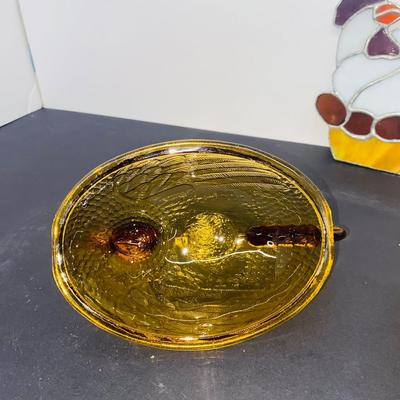 Vintage Amber Glass Nesting Hen Dish and Stained Glass Hen