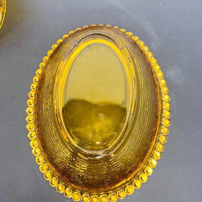 Vintage Amber Glass Nesting Hen Dish and Stained Glass Hen