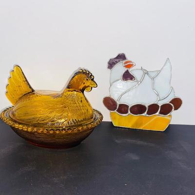 Vintage Amber Glass Nesting Hen Dish and Stained Glass Hen