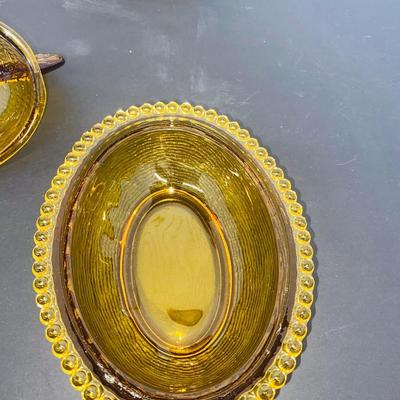 Vintage Amber Glass Nesting Hen Dish and Stained Glass Hen