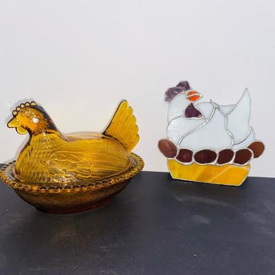 Vintage Amber Glass Nesting Hen Dish and Stained Glass Hen