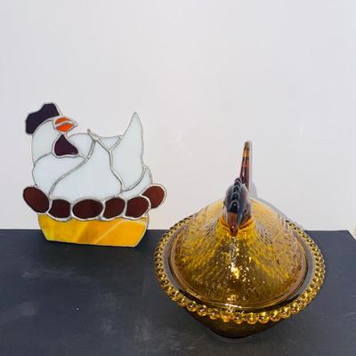 Vintage Amber Glass Nesting Hen Dish and Stained Glass Hen