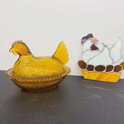 Vintage Amber Glass Nesting Hen Dish and Stained Glass Hen