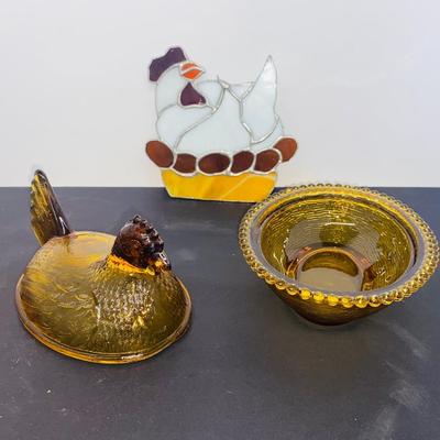 Vintage Amber Glass Nesting Hen Dish and Stained Glass Hen