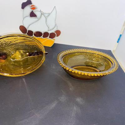 Vintage Amber Glass Nesting Hen Dish and Stained Glass Hen
