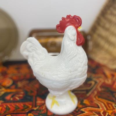 9” White Milk Glass Rooster Covered Dish, Small Amber Pyrex Baking Dish and Pie Pan and Large Table Cloth