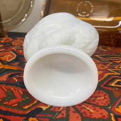 9” White Milk Glass Rooster Covered Dish, Small Amber Pyrex Baking Dish and Pie Pan and Large Table Cloth