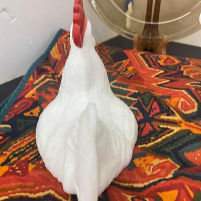 9” White Milk Glass Rooster Covered Dish, Small Amber Pyrex Baking Dish and Pie Pan and Large Table Cloth