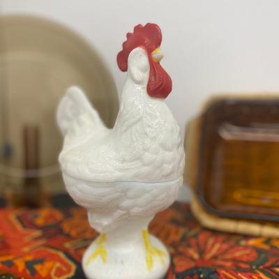 9” White Milk Glass Rooster Covered Dish, Small Amber Pyrex Baking Dish and Pie Pan and Large Table Cloth