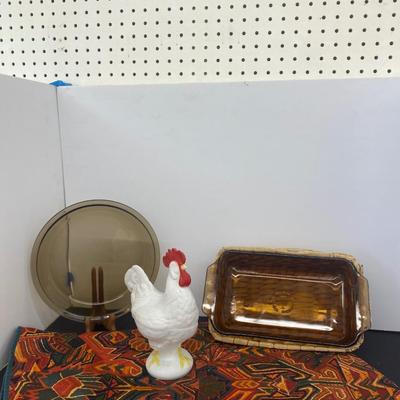 9” White Milk Glass Rooster Covered Dish, Small Amber Pyrex Baking Dish and Pie Pan and Large Table Cloth