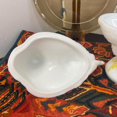 9” White Milk Glass Rooster Covered Dish, Small Amber Pyrex Baking Dish and Pie Pan and Large Table Cloth