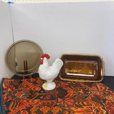 9” White Milk Glass Rooster Covered Dish, Small Amber Pyrex Baking Dish and Pie Pan and Large Table Cloth