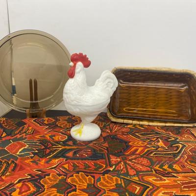 9” White Milk Glass Rooster Covered Dish, Small Amber Pyrex Baking Dish and Pie Pan and Large Table Cloth