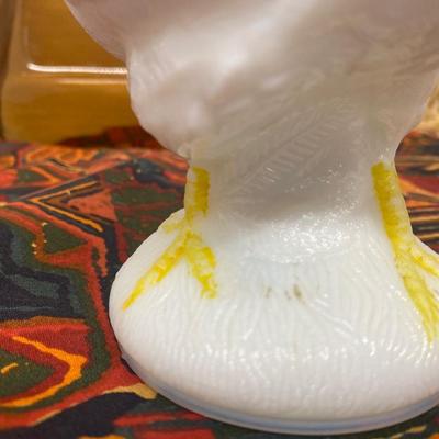 9” White Milk Glass Rooster Covered Dish, Small Amber Pyrex Baking Dish and Pie Pan and Large Table Cloth