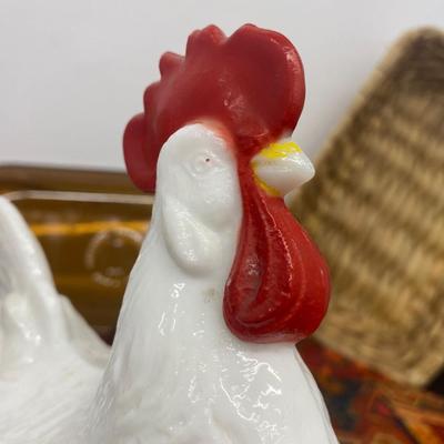 9” White Milk Glass Rooster Covered Dish, Small Amber Pyrex Baking Dish and Pie Pan and Large Table Cloth