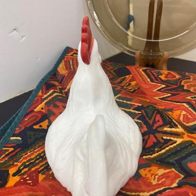 9” White Milk Glass Rooster Covered Dish, Small Amber Pyrex Baking Dish and Pie Pan and Large Table Cloth