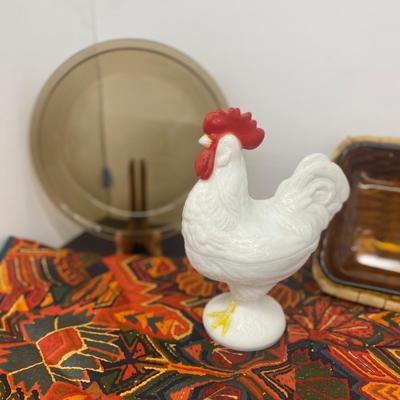 9” White Milk Glass Rooster Covered Dish, Small Amber Pyrex Baking Dish and Pie Pan and Large Table Cloth
