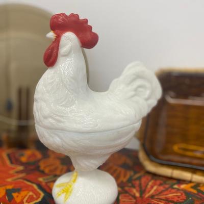 9” White Milk Glass Rooster Covered Dish, Small Amber Pyrex Baking Dish and Pie Pan and Large Table Cloth