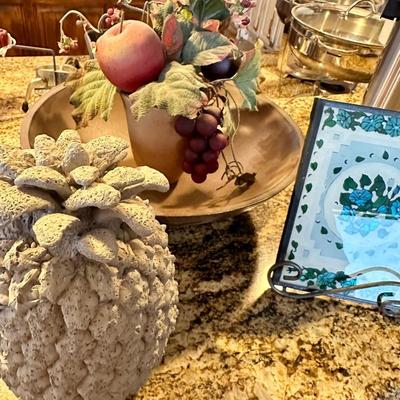 Bowl, greenery, frame with art print and pineapple pottery