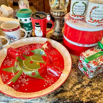Christmas kitchen items, tray, mugs, tins and Christmas Decoration