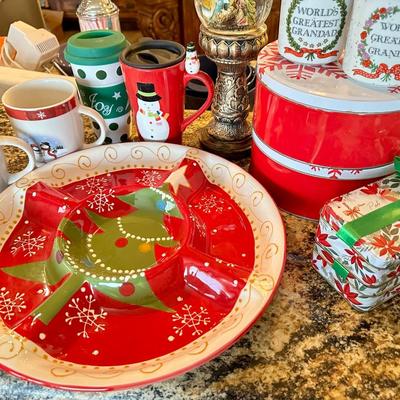 Christmas kitchen items, tray, mugs, tins and Christmas Decoration
