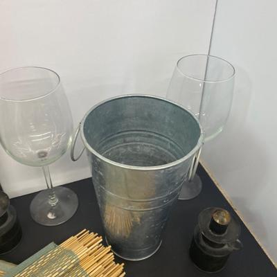 Neat Little Slag Glass Nesting Hen, Large Wine Glasses and Chiller Bucket, Candle Stick Holders, Nice Picture Frames along with Place Mats