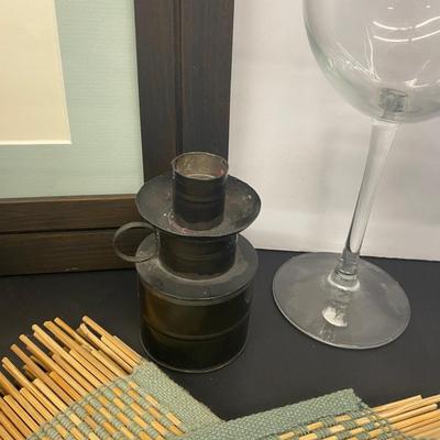 Neat Little Slag Glass Nesting Hen, Large Wine Glasses and Chiller Bucket, Candle Stick Holders, Nice Picture Frames along with Place Mats