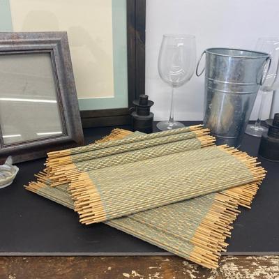 Neat Little Slag Glass Nesting Hen, Large Wine Glasses and Chiller Bucket, Candle Stick Holders, Nice Picture Frames along with Place Mats