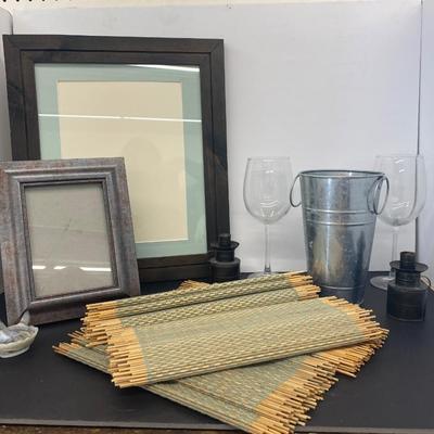 Neat Little Slag Glass Nesting Hen, Large Wine Glasses and Chiller Bucket, Candle Stick Holders, Nice Picture Frames along with Place Mats