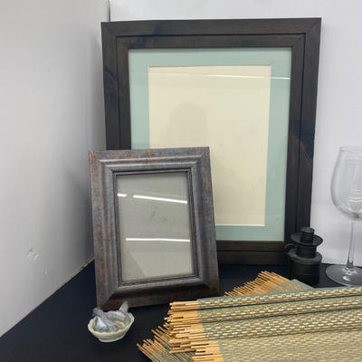 Neat Little Slag Glass Nesting Hen, Large Wine Glasses and Chiller Bucket, Candle Stick Holders, Nice Picture Frames along with Place Mats
