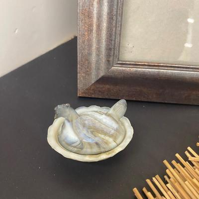 Neat Little Slag Glass Nesting Hen, Large Wine Glasses and Chiller Bucket, Candle Stick Holders, Nice Picture Frames along with Place Mats