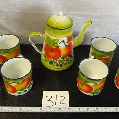 Vintage Graniteware Enamelware Pitcher and Cups